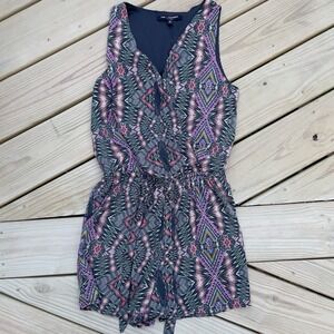 One Love Clothing LA Abstract Romper With Pockets Size Small V Neck Tie Waist SM